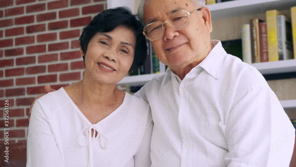 Portrait of happy Asian elderly couple sitting on sofa. Portrait of happy Asian elderly couple sitting on sofa.