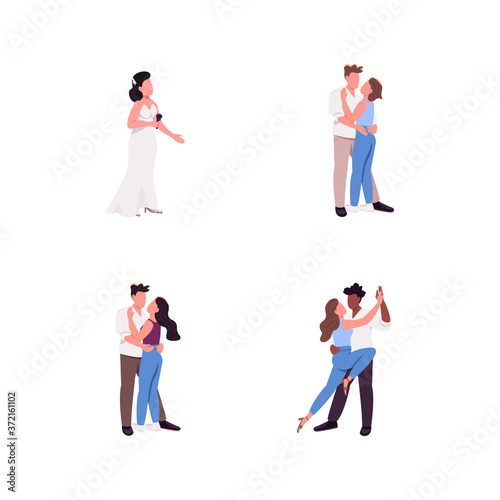 Couple flat color vector faceless character set. Dance performers. Man hug woman. Concert host. Entertainment people isolated cartoon illustration for web graphic design and animation collection