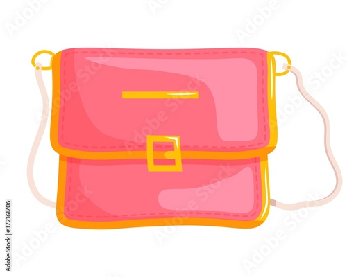 Woman messenger bag. Isolated female fashion accessory. Beautiful woman handbag glamour style design with shoulder strap and buckle. Pink lady messenger hand bag icon