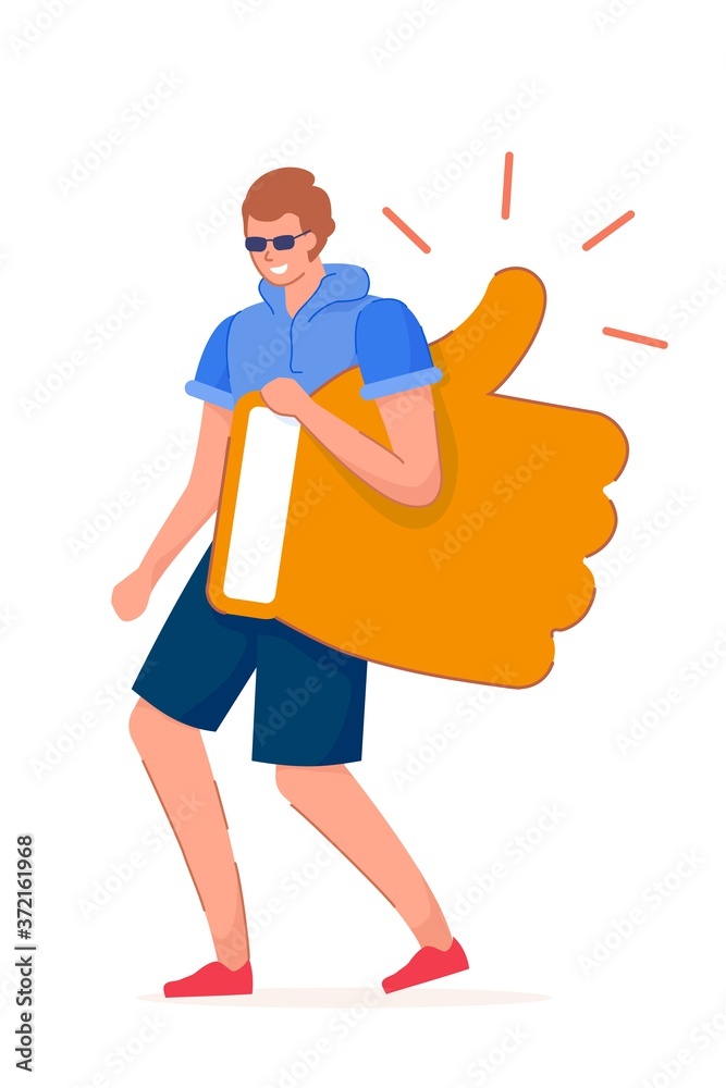 Good feedback. Young man blogger character carrying like thumbs-up symbol walking isolated on white background. Positive feedback and good recognition vector illustration Good feedback. Young man blogger character carrying like thumbs-up symbol walking isolated on white background. Positive feedback and good recognition vector illustration
