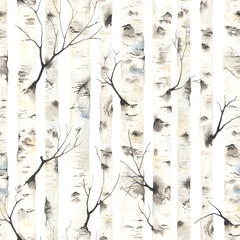 Stickers Berken patronen Berkenbomen aquarel patroon op wit  © Nikole