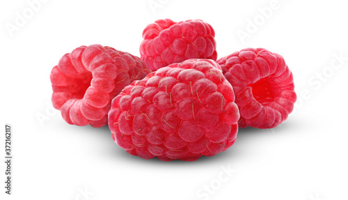 Four fresh ripe raspberries on white background