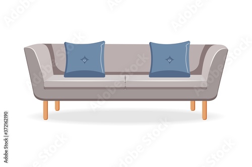 Sofa with cushions. Isolated comfortable couch seat icon. Simple style reception sofa front view. Vector interior soft furniture design, home, office or lounge decoration and comfort