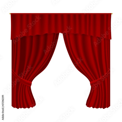 Theater curtain. Isolated vector realistic velvet textile decoration drapery design. Luxury open red curtain theater stage interior decor, premiere and culture