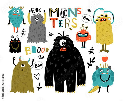 Cartoon furry monsters. Cute creatures with fun face, little funny symbols of horror, humor characters for mascot, vector illustration monsters for stickers isolated on white backgr