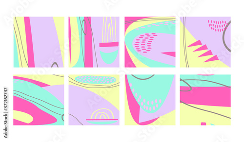 Set of fun hand drawn colorful shapes, doodle objects, lines and dots collage, modern trendy abstract pattern background for design banners. Pink yellow blue pastel neon colors. Vector illustrations