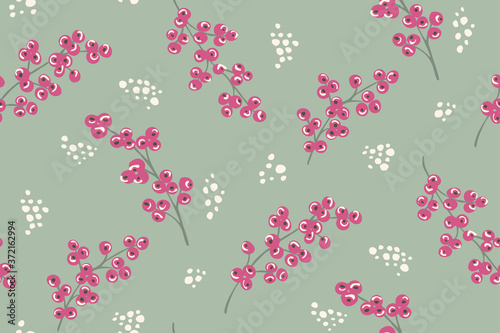 Snowing pink berry seamless vector pattern. Pink berry branches falling along with snow on mint background. Great for home decor, fabric, wallpaper, gift-wrap, stationery and packaging design projects