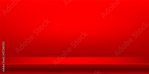 plank table red color on wall room for background, vivid red backdrop, copy space for advertise product display, table plank red front view