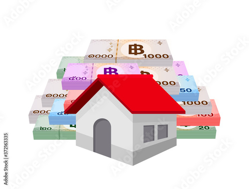 pile money banknote thai baht and house, residential home on bank note money thai baht, money stack 1000, 500, 100, 50, 20 THB real estate concept, business property credit and finance idea