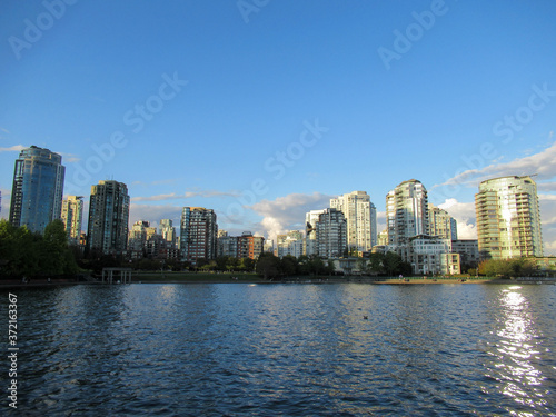 Sea and apartment buildings in Vancouver at summer.
