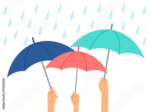 Hands holding umbrellas. Rain protect, autumn or winter wet weather. Umbrella and water drops, season vector illustration