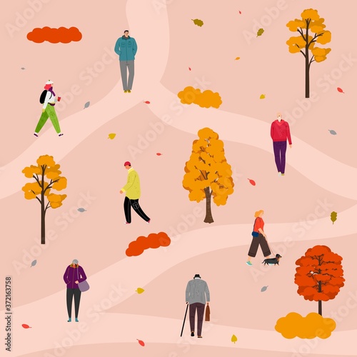 Park walking. People in autumn outfit outdoor activities. Fall orange red tree, leaves vector illustration