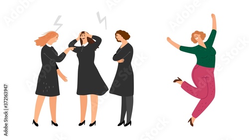 Women scandal. Happy girl run from negative people. Positive lifestyle, great mood vector illustration