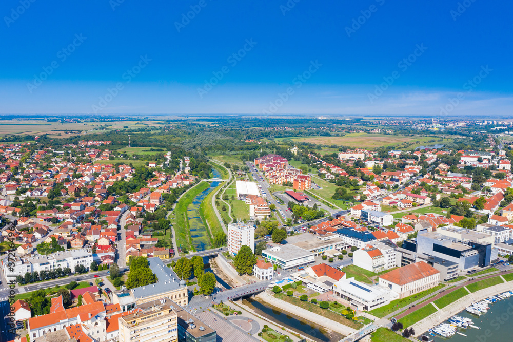 City of Vukovar and Danube river, Slavonia and Srijem regions of Croatia, drone aerial view