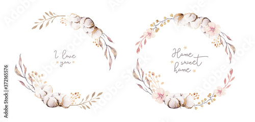 Watercolor boho floral botanical wreath. Bohemian natural frame: cotton flowers, willow flowers leaves. Isolated on white background. Decoration illustration. Save the date and weddign design