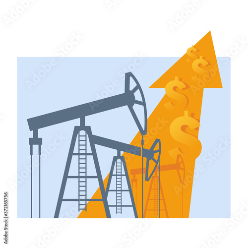 Oil production growth and world currencies rates - derrick with arrow up and dollar signs - world problems vector illustration