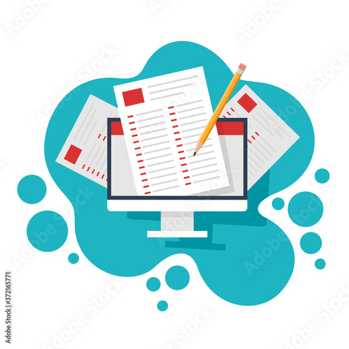 Online education and examination testing concept - computer device screen with paper exam check list and pencil - isolated vector conceptual icon photo