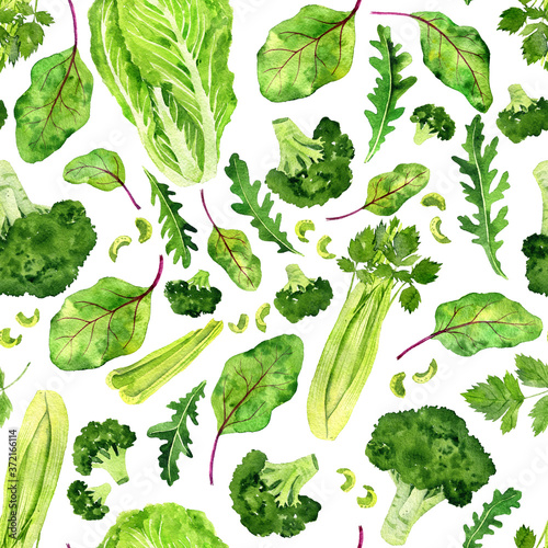 watercolor drawing green vegan seamless pattern
