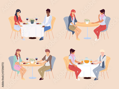 set of people having dinner in the restaurant
