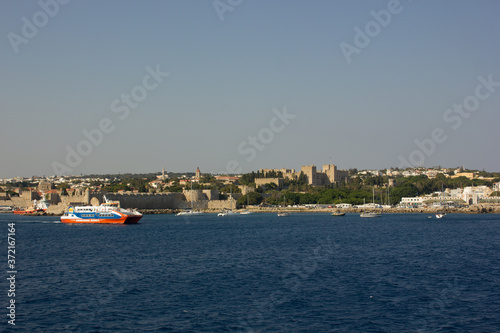 Greece. Rhodes island. Rest at the sea. Euro-trip. Sea water surface. Coast of Greece.