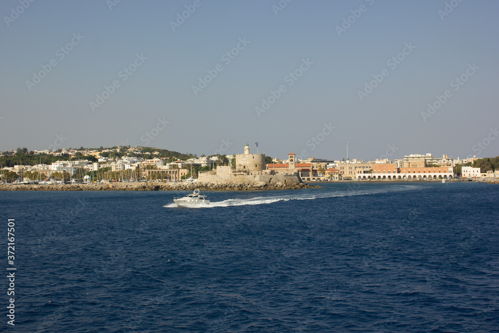 Greece. Rhodes island. Rest at the sea. Euro-trip. Sea water surface. Boats.