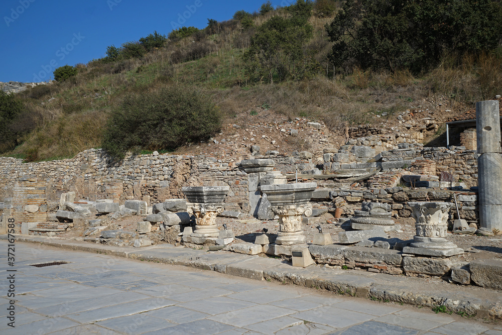 Exterior ruins architecture design at Ephesus Archaeological Museum, ancient Greek city on the coast of Ionia reflect history from classical Greece to the Roman Empire- Izmir, Turkey