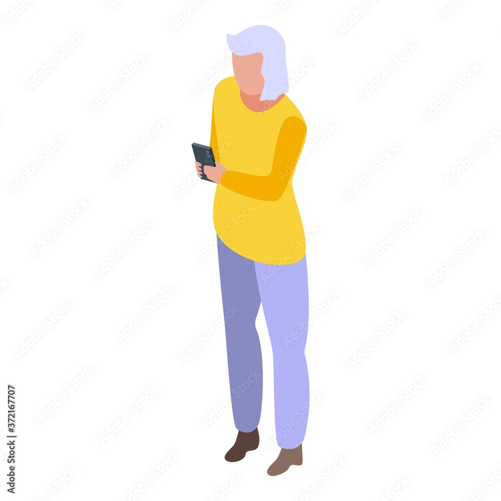 Woman retirement smartphone icon. Isometric of woman retirement smartphone vector icon for web design isolated on white background Woman retirement smartphone icon. Isometric of woman retirement smartphone vector icon for web design isolated on white background