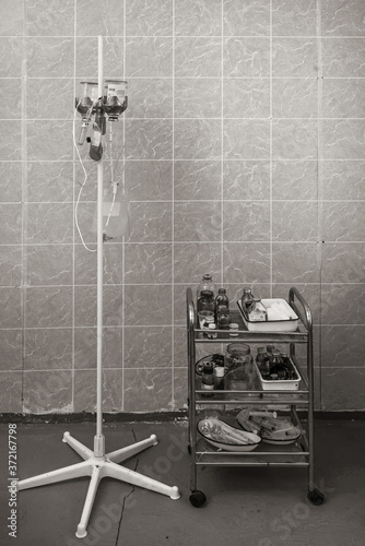 Blood transfusion machine and medication table in the old hospital 