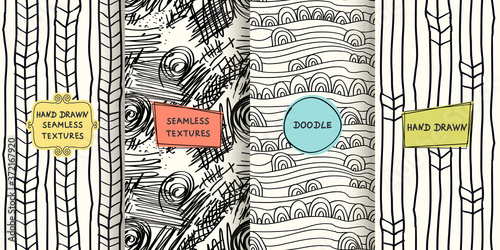Set of seamless hand drawn texture designs for backgrounds, business cards, web design. Doodle pattern with trendy modern colorful labels. vector illustration 
