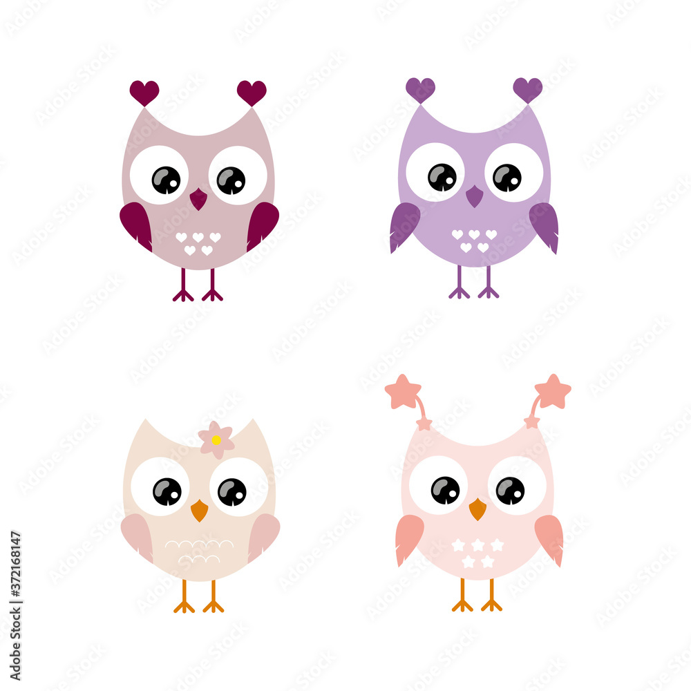 Clipart owl girl isolated on a white background. Vector flat cartoon illustration for a child. Background for textiles, books, postcards, holiday decor, invitations. The attributes of the birthday Clipart owl girl isolated on a white background. Vector flat cartoon illustration for a child. Background for textiles, books, postcards, holiday decor, invitations. The attributes of the birthday