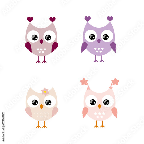Clipart owl girl isolated on a white background. Vector flat cartoon illustration for a child. Background for textiles, books, postcards, holiday decor, invitations. The attributes of the birthday