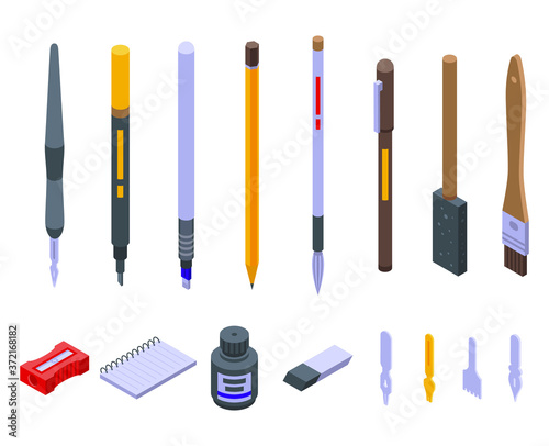 Calligraphy tools icons set. Isometric set of calligraphy tools vector icons for web design isolated on white background