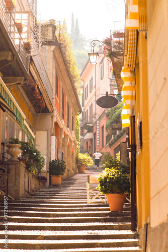 Sunrise on Old Picturesque Street in Bellagio City. Lombardy. Italy.