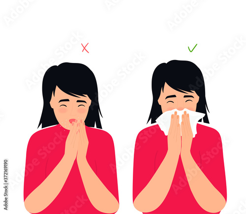 Girl sneezes and coughs right and wrong. The symptoms of colds and flu. Respiratory disease. Runny nose in a child.