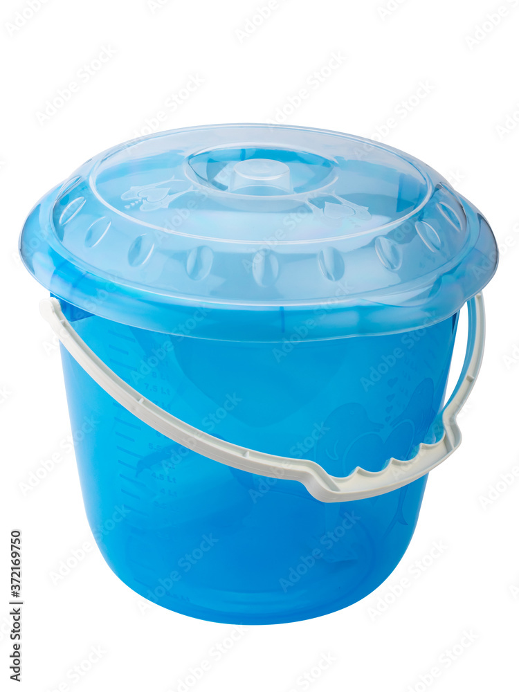 blue plastic bucket with handle and lid
