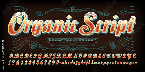 Organic Script Font Alphabet; An Ornate but Rustic Bold Cursive Lettering Style. Warm Earthy Colors Give This a Natural and Down-Home Feel. Good for Food or Natural Product Branding.
