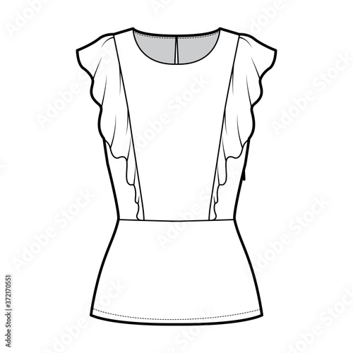Ruffled blouse technical fashion illustration with hem, oval neck, back button-fastening keyhole sleeveless, fitted body. Flat apparel top template front white color. Women men unisex shirt CAD mockup