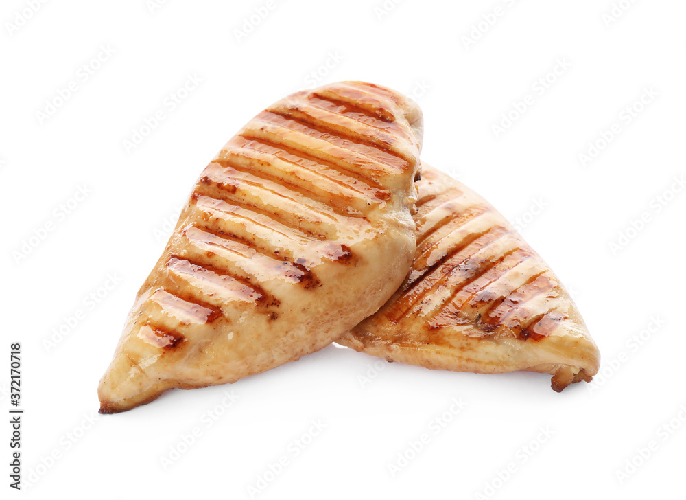 Tasty grilled chicken fillets isolated on white