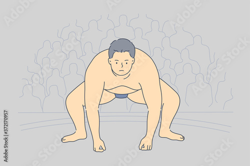 Sport, competition, obesity, japan, preparation, fight concept. Young fat obese serious asian man sumo wrestler preparing fighting at match or sparring. Traditional japanese wrestling single combat.