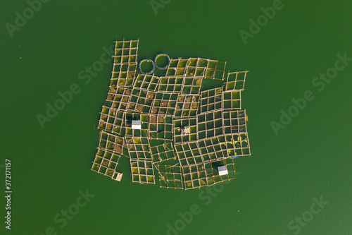 Lake fish farm. Bali, Indonesia. Top view