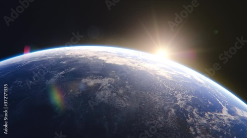 Breathtaking View of the Planet. Rising Sun Illuminates Our Blue Planet's Clouds, Oceans and Peaceful Cities. Scientifically Accurate 3D Graphical Animation