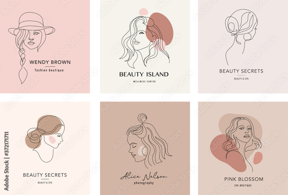 Vector logo and branding design templates in minimal style, for beauty center, fashion studio, haircut salon and cosmetics - female portrait, beautiful woman's face 