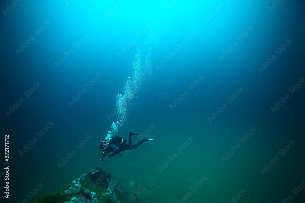 Fototapeta premium shipwreck diving landscape under water, old ship at the bottom, treasure hunt