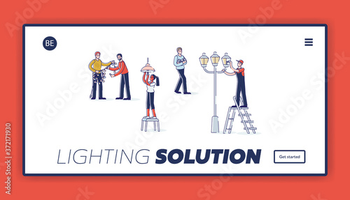 Lightning solution landing page design with people changing and replacing light bulbs