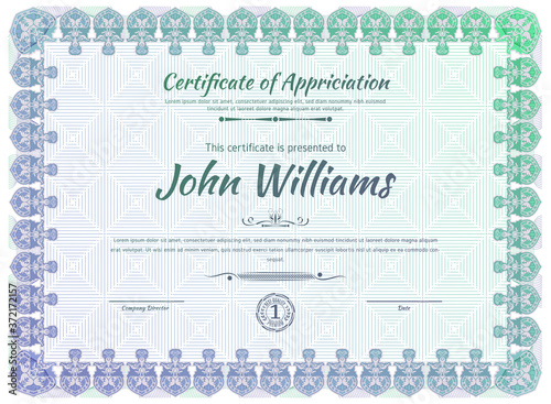 Official blue guilloche border for certificate. Vector illustration. Gradient blue green frame.