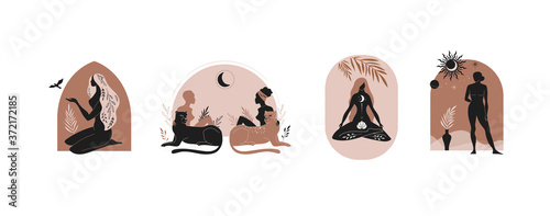 Mystic women, exotic woman, feminine concept illustration, beautiful esoteric women silhouettes . Flat style vector design