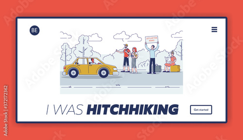 Hitchhikers on road landing page design with travelers thumbing and hiking passing cars