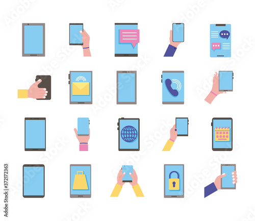 bundle of twenty smartphones devices set collection icons