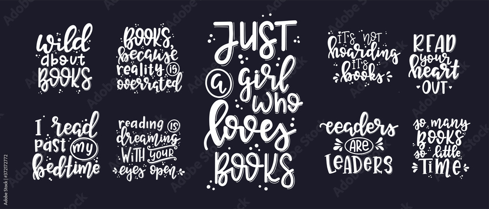Books and reading lettering set Hand drawn typography poster ...