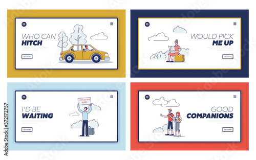 Set of landing pages with hitchhike travelers picking up cars on road. Hitchhikers travel